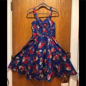 Hearts and Roses Blue Dress with Red Flowers